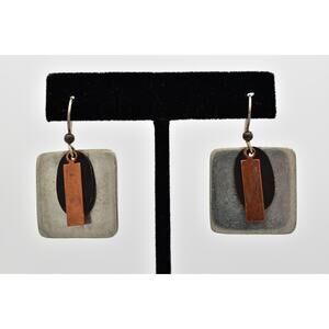 IA Vintage Dangle Earrings Silver Copper Black Geometric Signed Bin8